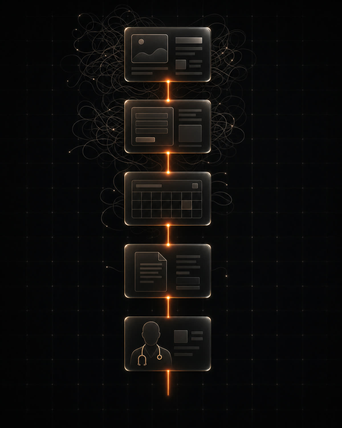 Patient journey tiles connected by one fast orange signal, friction disappearing along the way